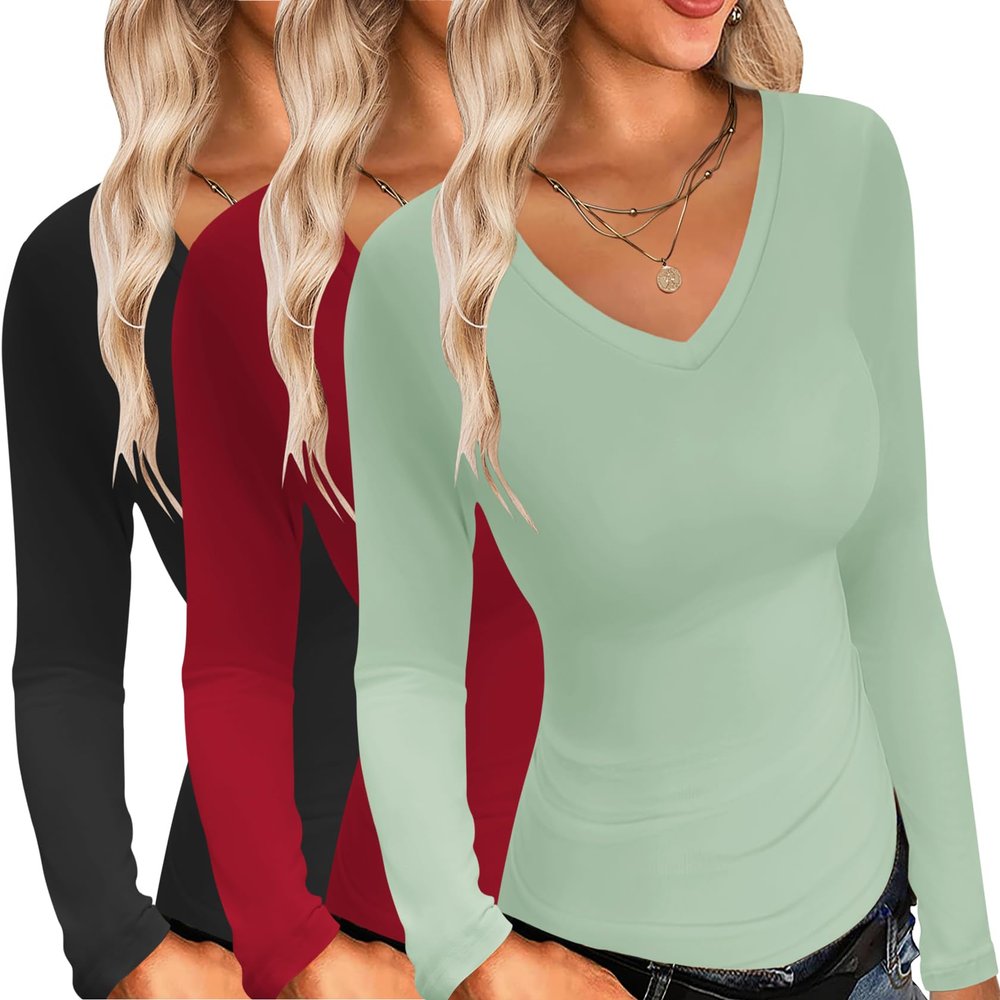 Ekouaer Womens 3 Pack Long Sleeve Shirts V Neck Slim Fit Lightweight Layer Tops Fall Clothes Thermal Undershirts Black/Red/Light Green S