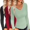 Ekouaer Womens 3 Pack Long Sleeve Shirts V Neck Slim Fit Lightweight Layer Tops Fall Clothes Thermal Undershirts Black/Red/Light Green S