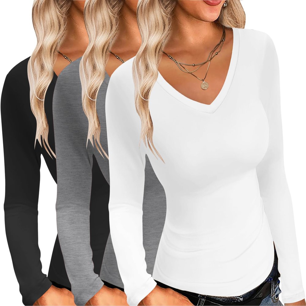 Ekouaer Womens 3 Pack Long Sleeve Shirts V Neck Slim Fit Lightweight Layer Tops Fall Clothes Thermal Undershirts Black/White/Dark Grey S