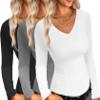 Ekouaer Womens 3 Pack Long Sleeve Shirts V Neck Slim Fit Lightweight Layer Tops Fall Clothes Thermal Undershirts Black/White/Dark Grey S view 1