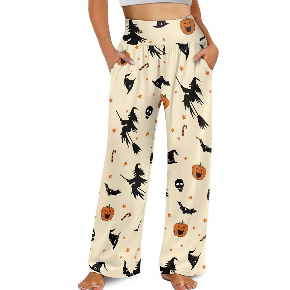 JEOCODY Halloween Witch Wide Leg Pants for Women Casual Elastic Waist Loose Lounge Palazzo Pants with Pockets Comfy Elastic Work Pants Baggy Long Work Pants