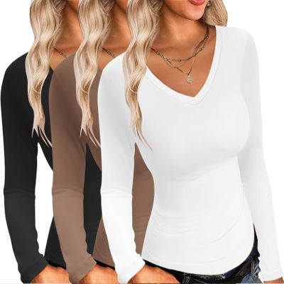Ekouaer Womens 3 Pack Long Sleeve Shirts V Neck Slim Fit Lightweight Layer Tops Fall Clothes Thermal Undershirts Black/White/Tea Grey S