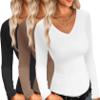 Ekouaer Womens 3 Pack Long Sleeve Shirts V Neck Slim Fit Lightweight Layer Tops Fall Clothes Thermal Undershirts Black/White/Tea Grey S