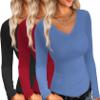 Ekouaer Womens 3 Pack Long Sleeve Shirts V Neck Slim Fit Lightweight Layer Tops Fall Clothes Thermal Undershirts Black/Red/Navy M view 1