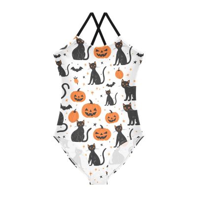 ALAZA Cat Star Pumpkin Halloween Girls One Piece Swimsuit Swimwear Beach Sport Bathing Suit 4T