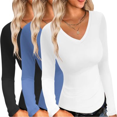 Ekouaer Womens 3 Pack Long Sleeve Shirts V Neck Slim Fit Lightweight Layer Tops Fall Clothes Thermal Undershirts Black/White/Navy S