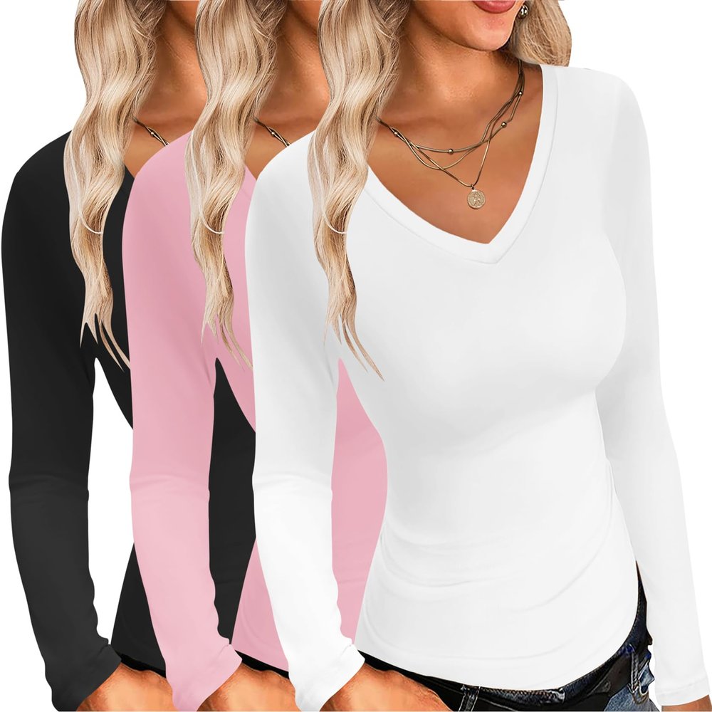 Ekouaer Womens 3 Pack Long Sleeve Shirts V Neck Slim Fit Lightweight Layer Tops Fall Clothes Thermal Undershirts Black/White/Pink XXL