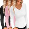 Ekouaer Womens 3 Pack Long Sleeve Shirts V Neck Slim Fit Lightweight Layer Tops Fall Clothes Thermal Undershirts Black/White/Pink XXL view 1