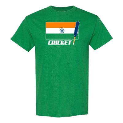 Cricket India Flag Bat - Sports Athletics Summer Games T Shirt - Large - Turf Green