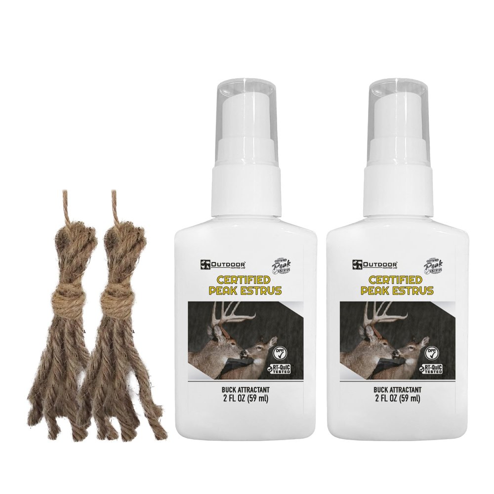 Outdoor Hunting Lab Certified Peak Doe Estrus Spray | 2 oz | 2 Bottles | Doe in Heat Urine for Hunting | Drag N Drip Included | Deer Scents & Attractants