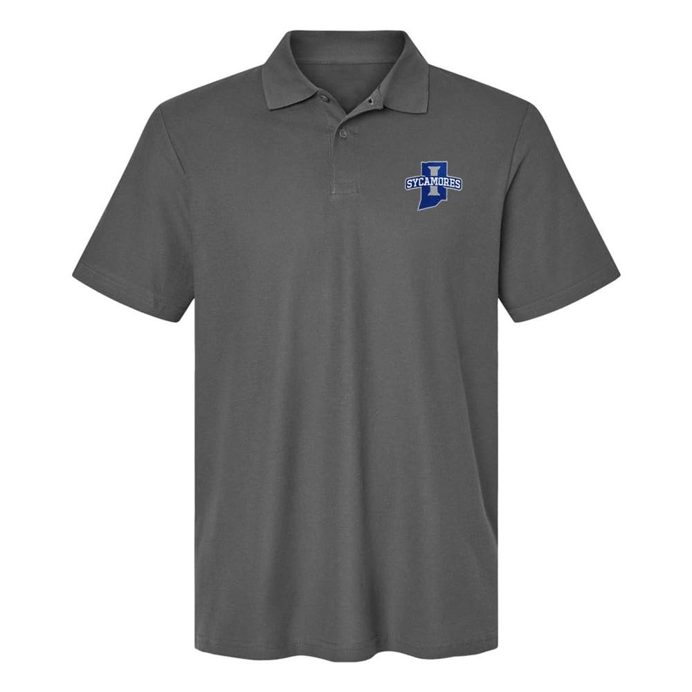 Campus Lab Indiana State University Primary Logo Men's Adult 100% Cotton Knit Embroidered Polo Shirt, Charcoal, 2X-Large