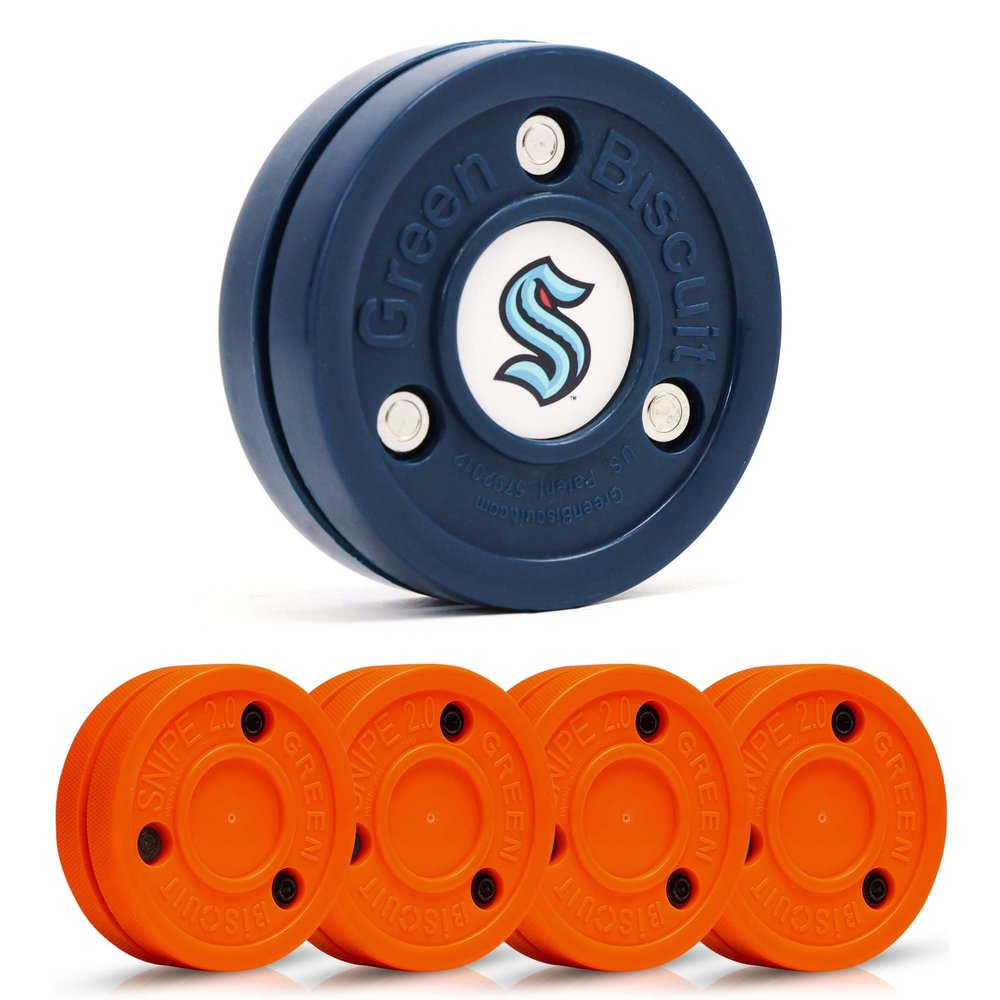 Green Biscuit Hockey Puck- 4 Pack Orange 2.0 Snipe Shooters Off Ice Hockey Pucks with 1 NHL Puck and GB Stickers- Offcial Street Hockey Pucks for Classic Training (Seattle Kraken)