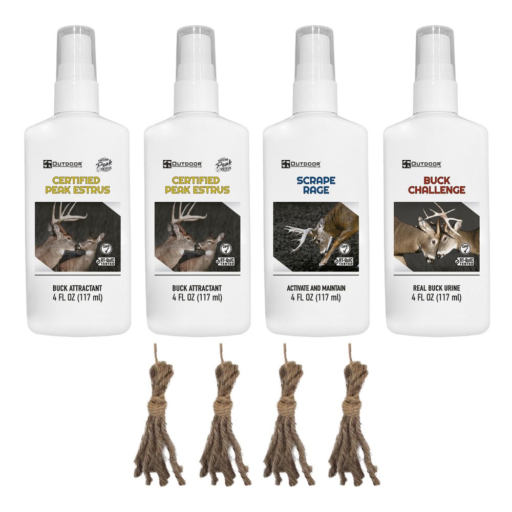 Outdoor Hunting Lab Certified Peak Doe Estrus Spray | 2 oz | 4 Bottles Variety Pack | Doe in Heat Urine for Hunting | Drag N Drip Included | Deer Scents