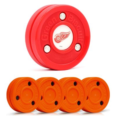 Green Biscuit Hockey Puck- 4 Pack Orange 2.0 Snipe Shooters Off Ice Hockey Pucks with 1 NHL Puck and GB Stickers- Offcial Street Hockey Pucks for Classic Training (Detroit Red Wings)