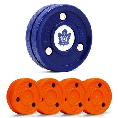 Green Biscuit Hockey Puck- 4 Pack Orange 2.0 Snipe Shooters Off Ice Hockey Pucks with 1 NHL Puck and GB Stickers- Offcial Street Hockey Pucks for Classic Training (Toronto Maple Leafs)