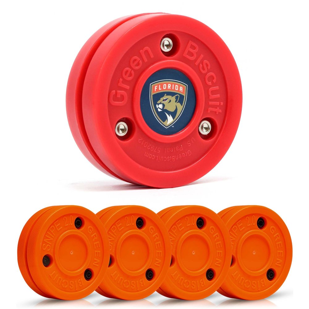 Green Biscuit Hockey Puck- 4 Pack Orange 2.0 Snipe Shooters Off Ice Hockey Pucks with 1 NHL Puck and GB Stickers- Offcial Street Hockey Pucks for Classic Training (Florida Panthers)