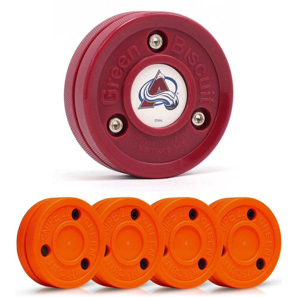 Green Biscuit Hockey Puck- 4 Pack Orange 2.0 Snipe Shooters Off Ice Hockey Pucks with 1 NHL Puck and GB Stickers- Offcial Street Hockey Pucks for Classic Training (Colorado Avalanche)