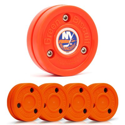 Green Biscuit Hockey Puck- 4 Pack Orange 2.0 Snipe Shooters Off Ice Hockey Pucks with 1 NHL Puck and GB Stickers- Offcial Street Hockey Pucks for Classic Training (New York Islanders)