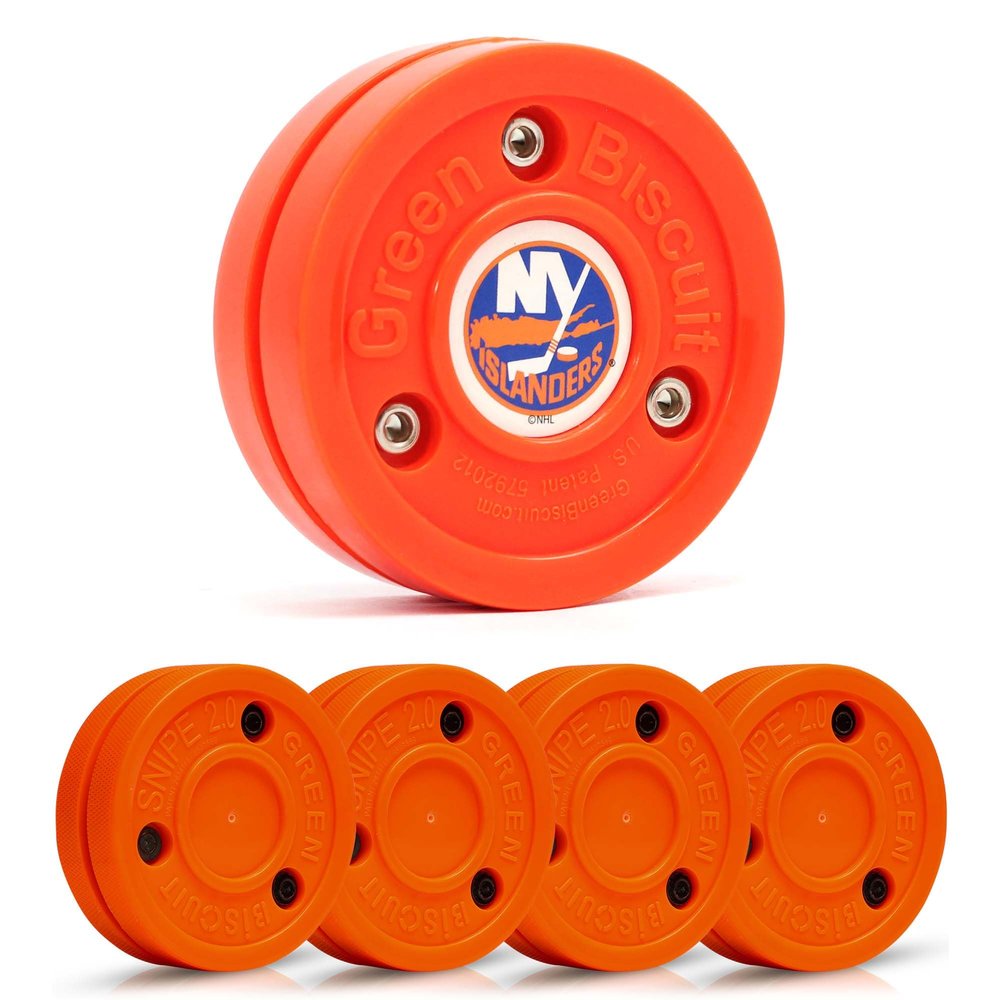 Green Biscuit Hockey Puck- 4 Pack Orange 2.0 Snipe Shooters Off Ice Hockey Pucks with 1 NHL Puck and GB Stickers- Offcial Street Hockey Pucks for Classic Training (New York Islanders)