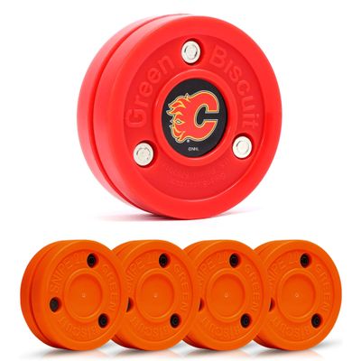 Green Biscuit Hockey Puck- 4 Pack Orange 2.0 Snipe Shooters Off Ice Hockey Pucks with 1 NHL Puck and GB Stickers- Offcial Street Hockey Pucks for Classic Training (Calgary Flames)