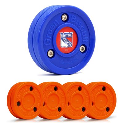 Green Biscuit Hockey Puck- 4 Pack Orange 2.0 Snipe Shooters Off Ice Hockey Pucks with 1 NHL Puck and GB Stickers- Offcial Street Hockey Pucks for Classic Training (New York Rangers)