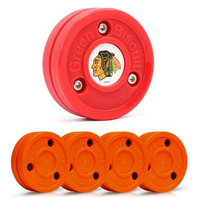 Green Biscuit Hockey Puck- 4 Pack Orange 2.0 Snipe Shooters Off Ice Hockey Pucks with 1 NHL Puck and GB Stickers- Offcial Street Hockey Pucks for Classic Training (Chicago Blackhawks)