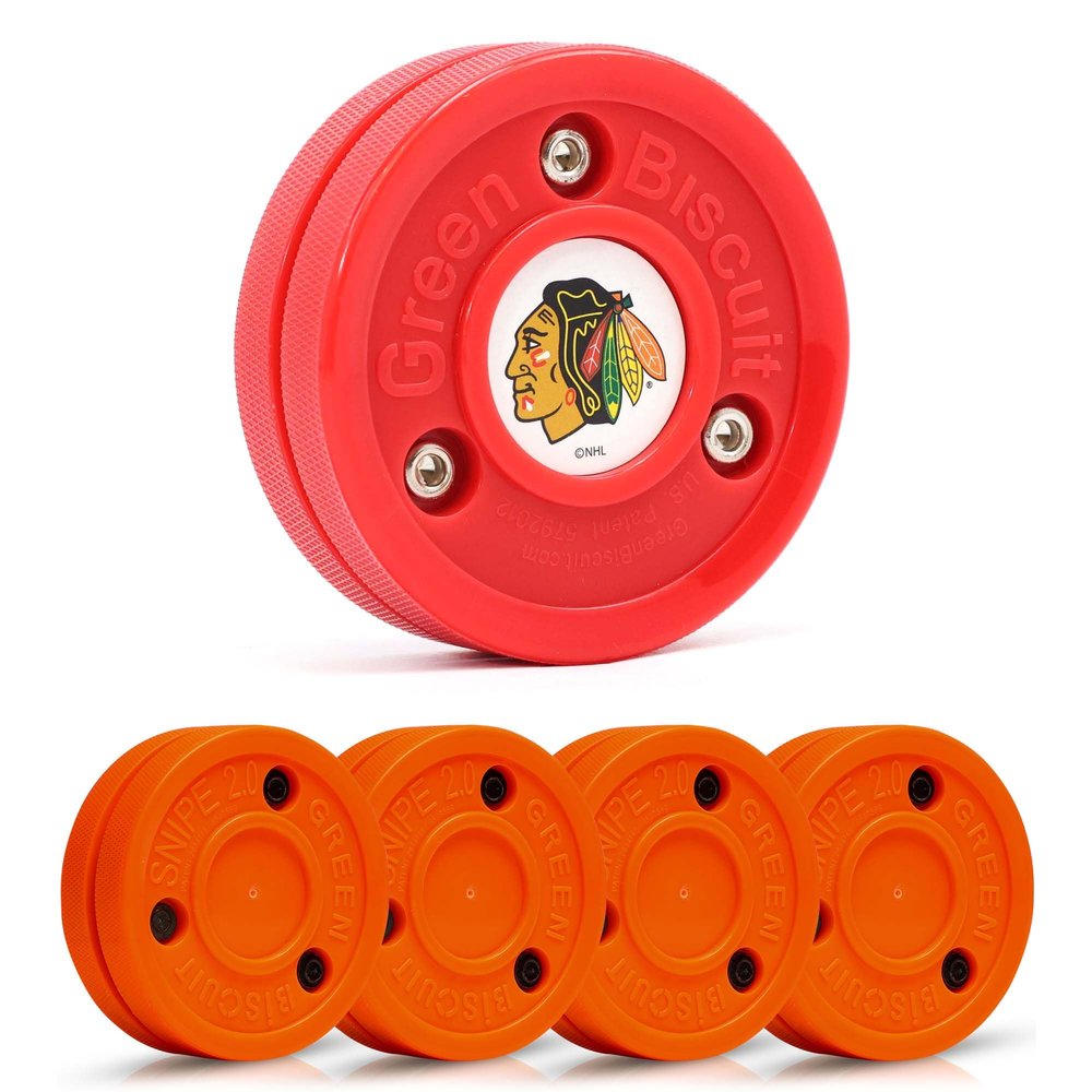 Green Biscuit Hockey Puck- 4 Pack Orange 2.0 Snipe Shooters Off Ice Hockey Pucks with 1 NHL Puck and GB Stickers- Offcial Street Hockey Pucks for Classic Training (Chicago Blackhawks)