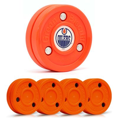 Green Biscuit Hockey Puck- 4 Pack Orange 2.0 Snipe Shooters Off Ice Hockey Pucks with 1 NHL Puck and GB Stickers- Offcial Street Hockey Pucks for Classic Training (Edmonton Oilers)