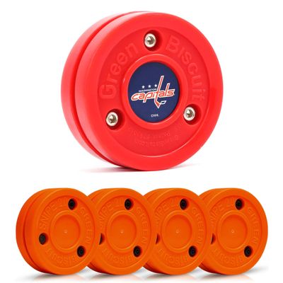Green Biscuit Hockey Puck- 4 Pack Orange 2.0 Snipe Shooters Off Ice Hockey Pucks with 1 NHL Puck and GB Stickers- Offcial Street Hockey Pucks for Classic Training (Washington Capitals)