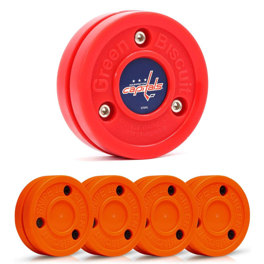Green Biscuit Hockey Puck- 4 Pack Orange 2.0 Snipe Shooters Off Ice Hockey Pucks with 1 NHL Puck and GB Stickers- Offcial Street Hockey Pucks for Classic Training (Washington Capitals)