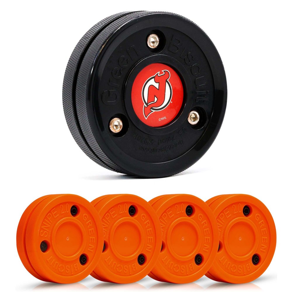 Green Biscuit Hockey Puck- 4 Pack Orange 2.0 Snipe Shooters Off Ice Hockey Pucks with 1 NHL Puck and GB Stickers- Offcial Street Hockey Pucks for Classic Training (New Jersey Devils)