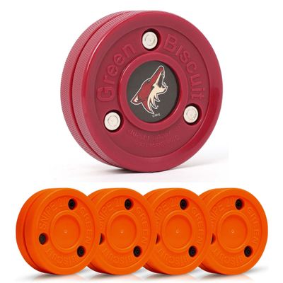 Green Biscuit Hockey Puck- 4 Pack Orange 2.0 Snipe Shooters Off Ice Hockey Pucks with 1 NHL Puck and GB Stickers- Offcial Street Hockey Pucks for Classic Training (Arizona Coyotes)