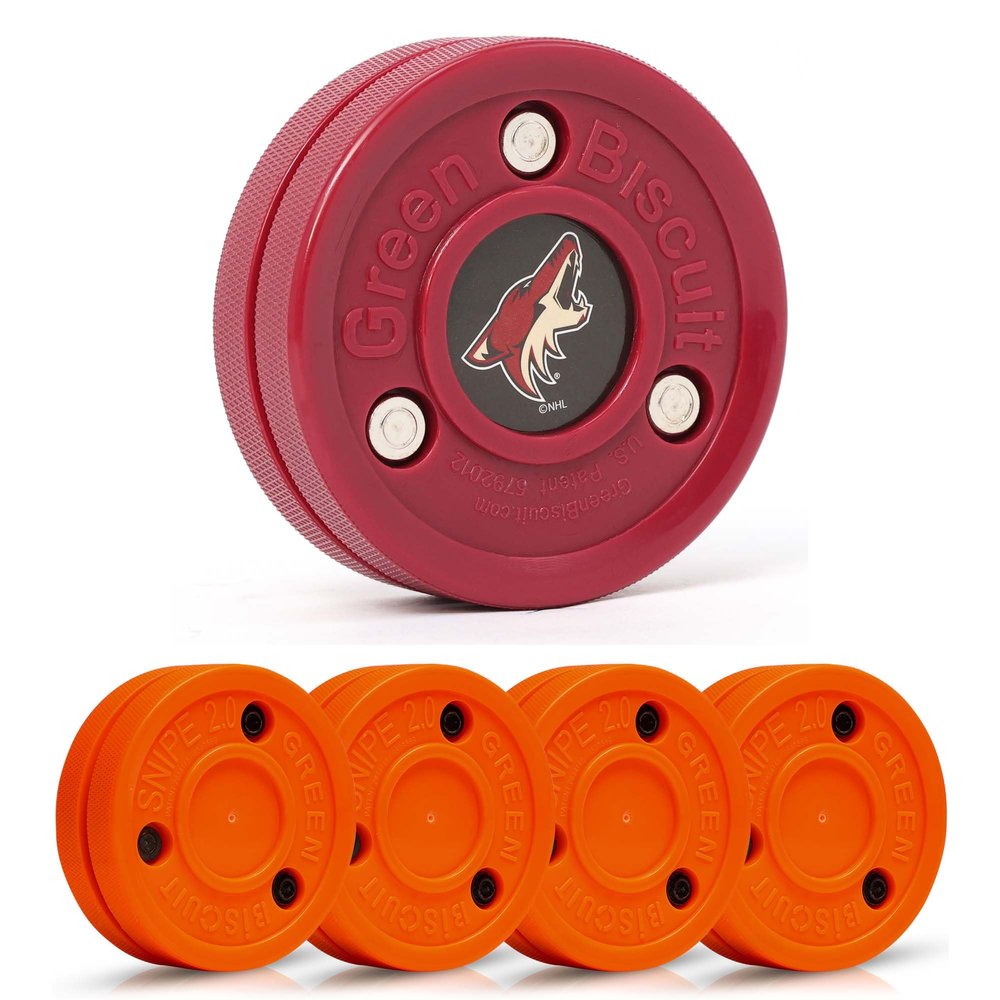 Green Biscuit Hockey Puck- 4 Pack Orange 2.0 Snipe Shooters Off Ice Hockey Pucks with 1 NHL Puck and GB Stickers- Offcial Street Hockey Pucks for Classic Training (Arizona Coyotes)