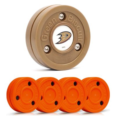 Green Biscuit Hockey Puck- 4 Pack Orange 2.0 Snipe Shooters Off Ice Hockey Pucks with 1 NHL Puck and GB Stickers- Offcial Street Hockey Pucks for Classic Training (Anaheim Ducks)