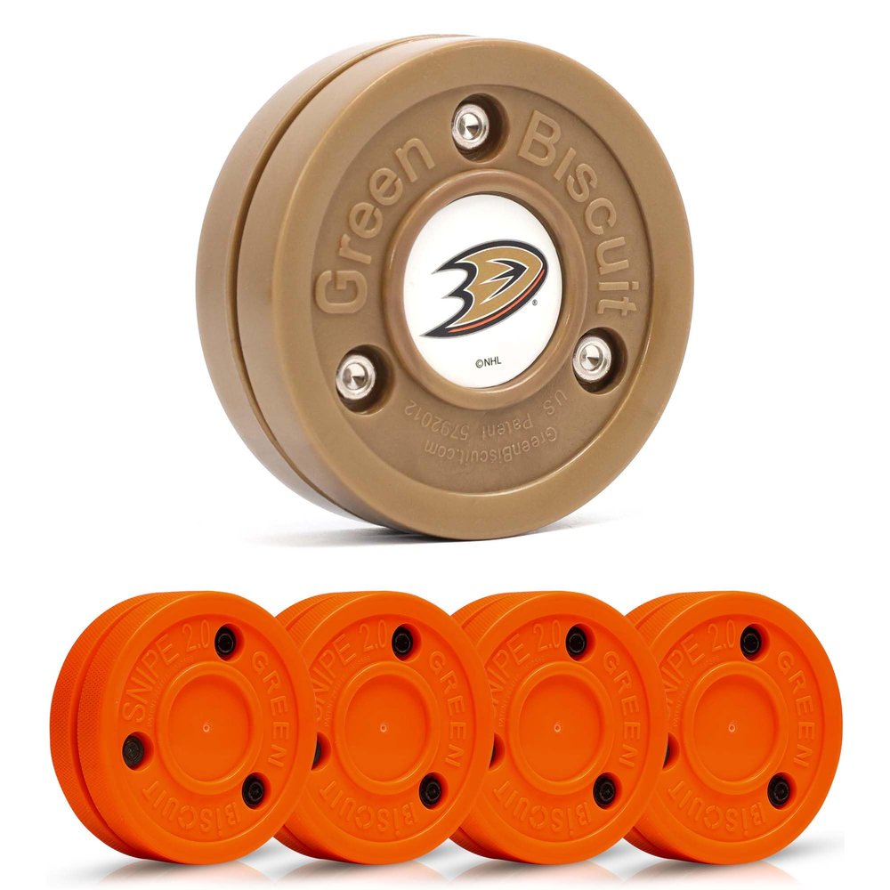 Green Biscuit Hockey Puck- 4 Pack Orange 2.0 Snipe Shooters Off Ice Hockey Pucks with 1 NHL Puck and GB Stickers- Offcial Street Hockey Pucks for Classic Training (Anaheim Ducks)