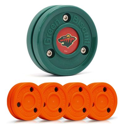 Green Biscuit Hockey Puck- 4 Pack Orange 2.0 Snipe Shooters Off Ice Hockey Pucks with 1 NHL Puck and GB Stickers- Offcial Street Hockey Pucks for Classic Training (Minnesota Wild)