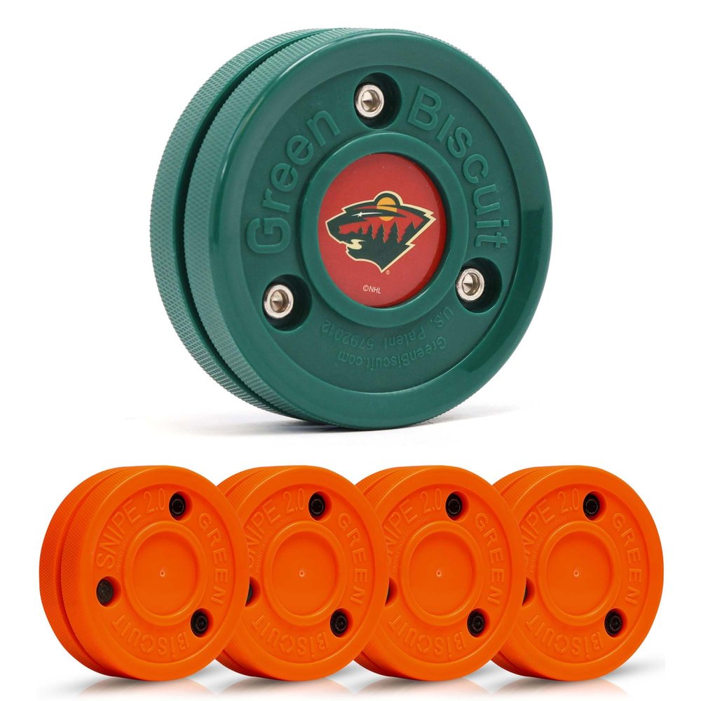 Green Biscuit Hockey Puck- 4 Pack Orange 2.0 Snipe Shooters Off Ice Hockey Pucks with 1 NHL Puck and GB Stickers- Offcial Street Hockey Pucks for Classic Training (Minnesota Wild)