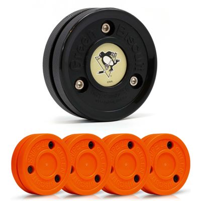 Green Biscuit Hockey Puck- 4 Pack Orange 2.0 Snipe Shooters Off Ice Hockey Pucks with 1 NHL Puck and GB Stickers- Offcial Street Hockey Pucks for Classic Training (Pittsburgh Penguins)