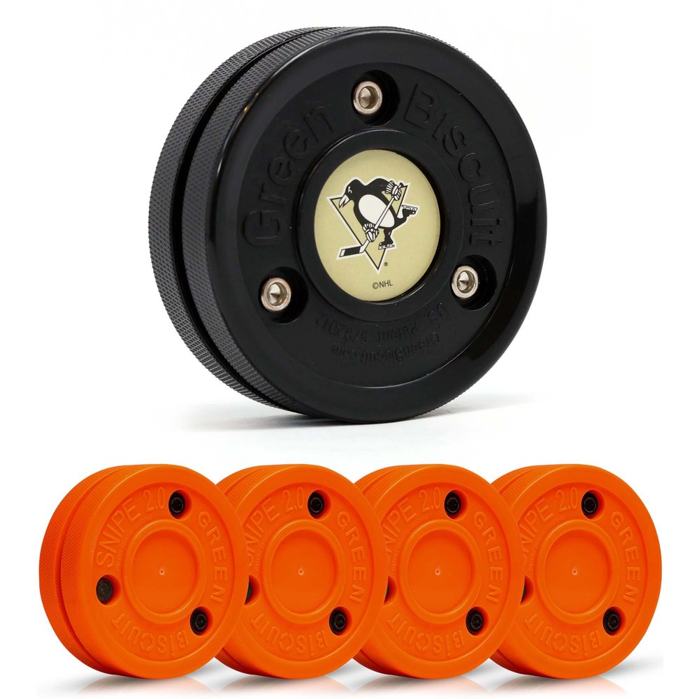 Green Biscuit Hockey Puck- 4 Pack Orange 2.0 Snipe Shooters Off Ice Hockey Pucks with 1 NHL Puck and GB Stickers- Offcial Street Hockey Pucks for Classic Training (Pittsburgh Penguins)