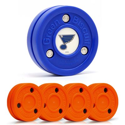 Green Biscuit Hockey Puck- 4 Pack Orange 2.0 Snipe Shooters Off Ice Hockey Pucks with 1 NHL Puck and GB Stickers- Offcial Street Hockey Pucks for Classic Training (St. Louis Blues)