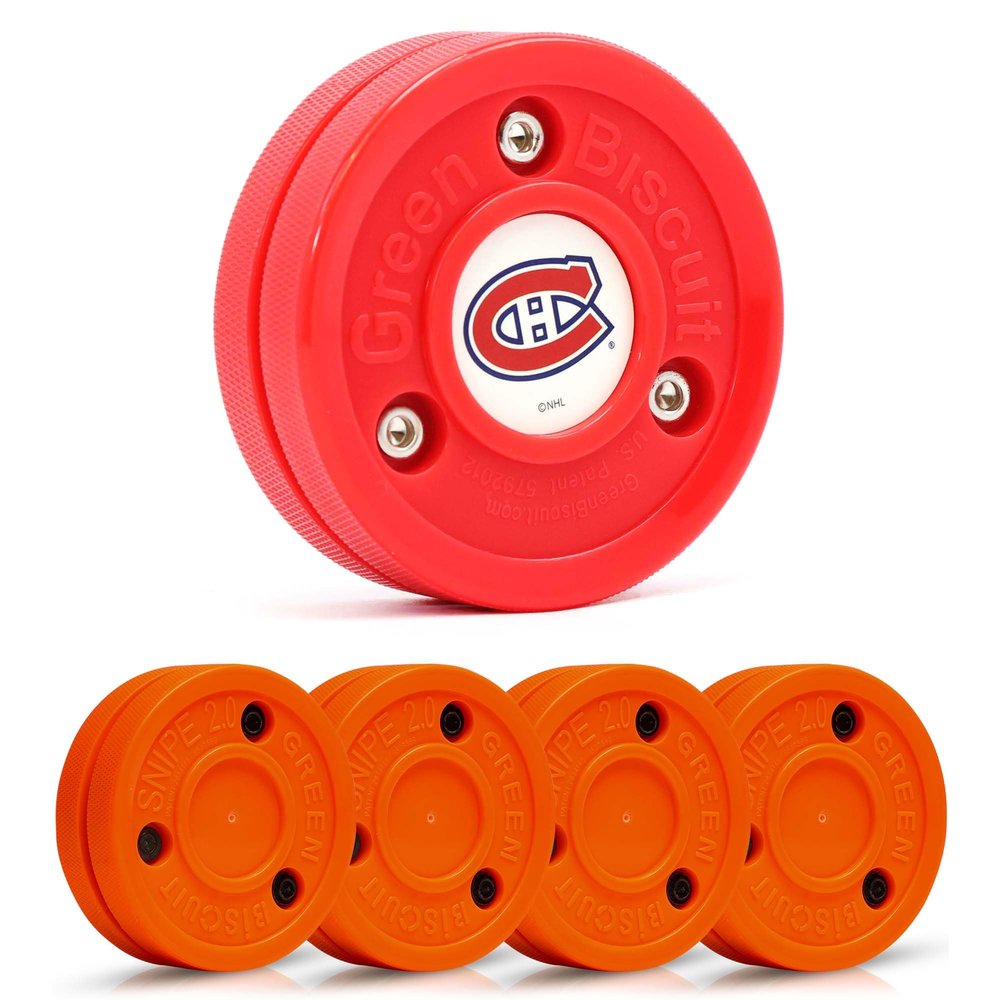 Green Biscuit Hockey Puck- 4 Pack Orange 2.0 Snipe Shooters Off Ice Hockey Pucks with 1 NHL Puck and GB Stickers- Offcial Street Hockey Pucks for Classic Training (Montreal Canadiens)