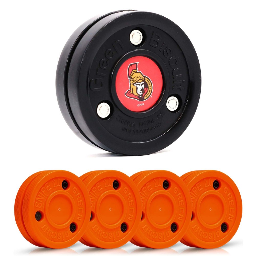 Green Biscuit Hockey Puck- 4 Pack Orange 2.0 Snipe Shooters Off Ice Hockey Pucks with 1 NHL Puck and GB Stickers- Offcial Street Hockey Pucks for Classic Training (Ottawa Senators)