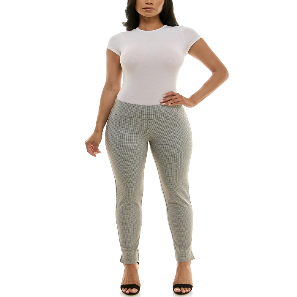 Zac & Rachel Women's Pull On Pattern Compression Ponte Slim Leg Ankle Pant, Cream/Brown Green Plaid, L