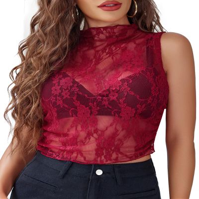 Avidlove Lace Tops for Women Mock Neck Camisole Top Sexy Crop Y2k Tank Going Out Outfits 2025 Trendy Wine Red