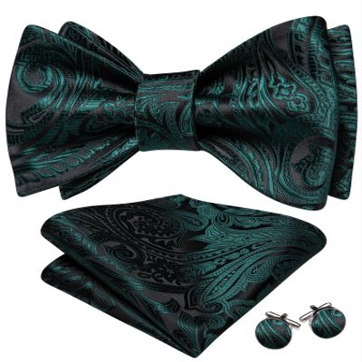 Barry.Wang Self Tie Bow Ties for Men Deep Green Bow Tie Pocket Square Cufflinks Set Paisley Flower Bowtie Wedding Party