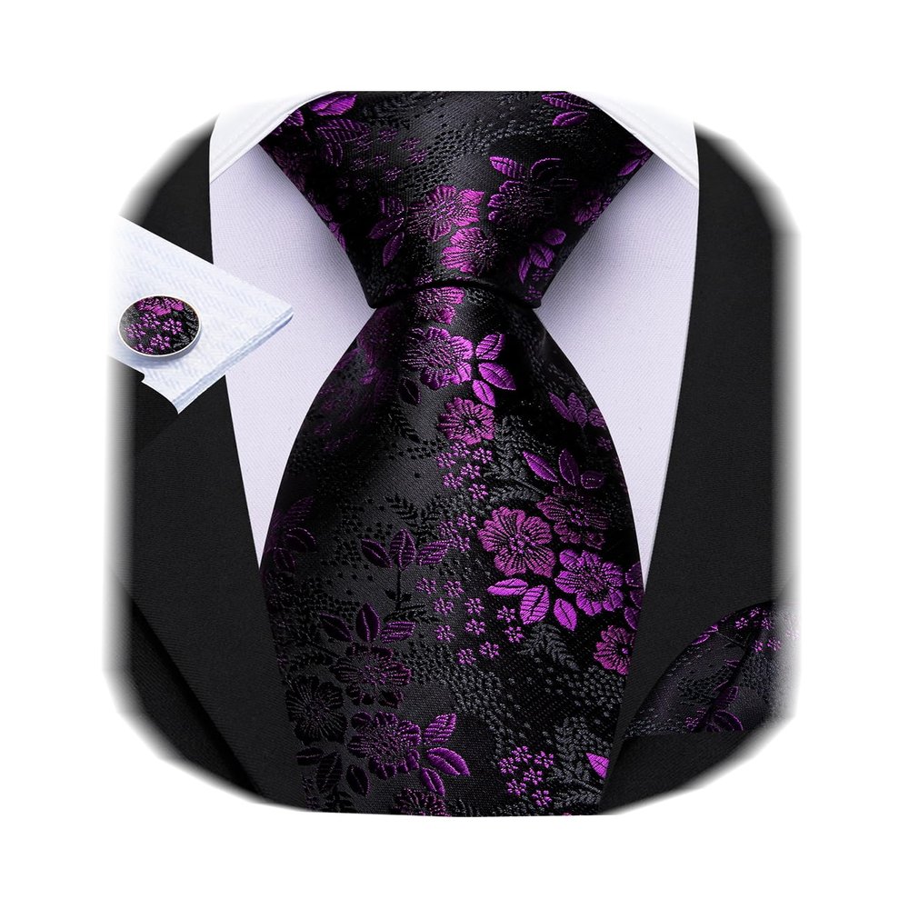 Barry.Wang Flower Ties for Men Handkerchief Cufflinks Set Wedding Necktie Set Party