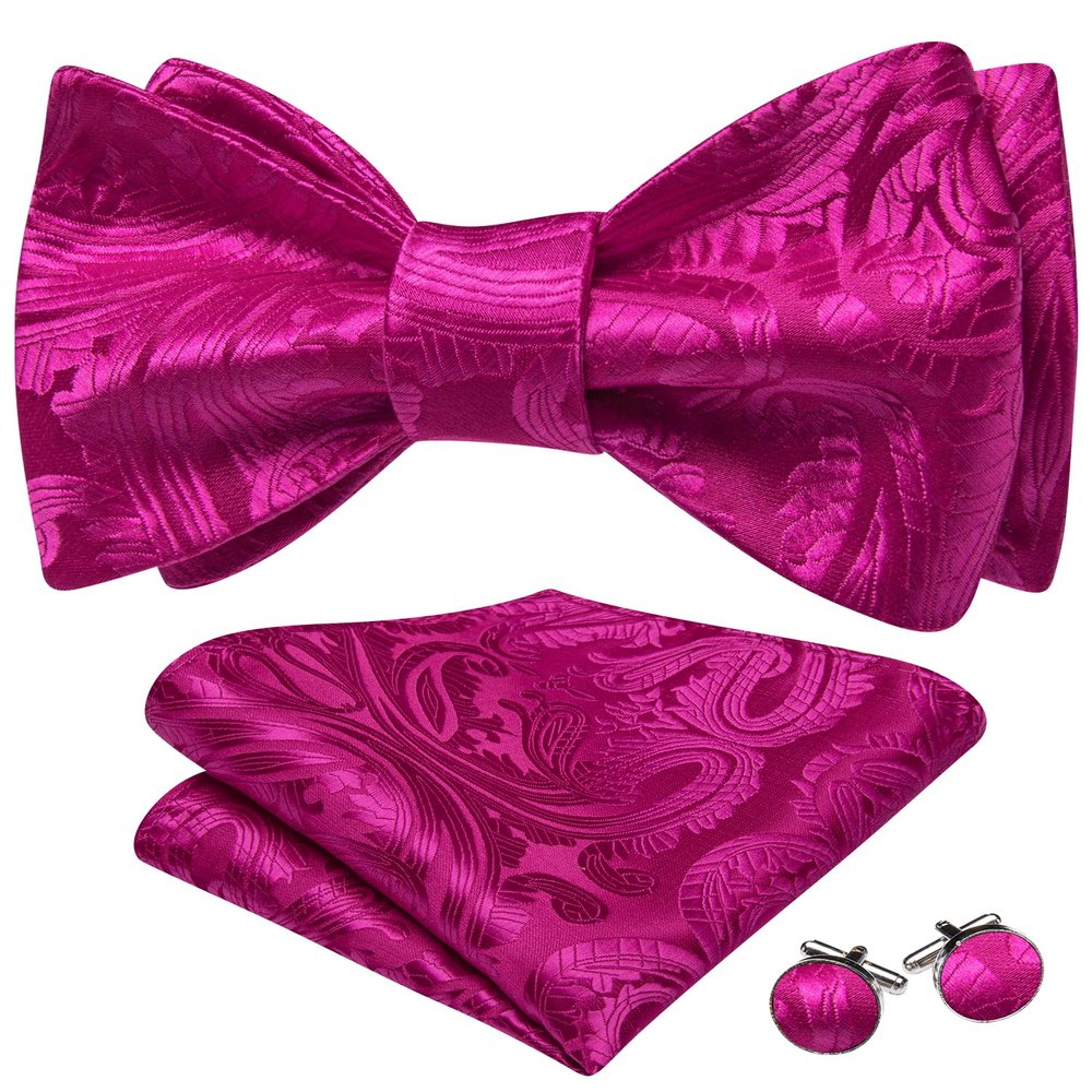Barry.Wang Solid Color Paisley Self Tie Bow Ties for Men Formal Hot Pink Bowtie and Pocket Square Cufflinks Set Tuxedo