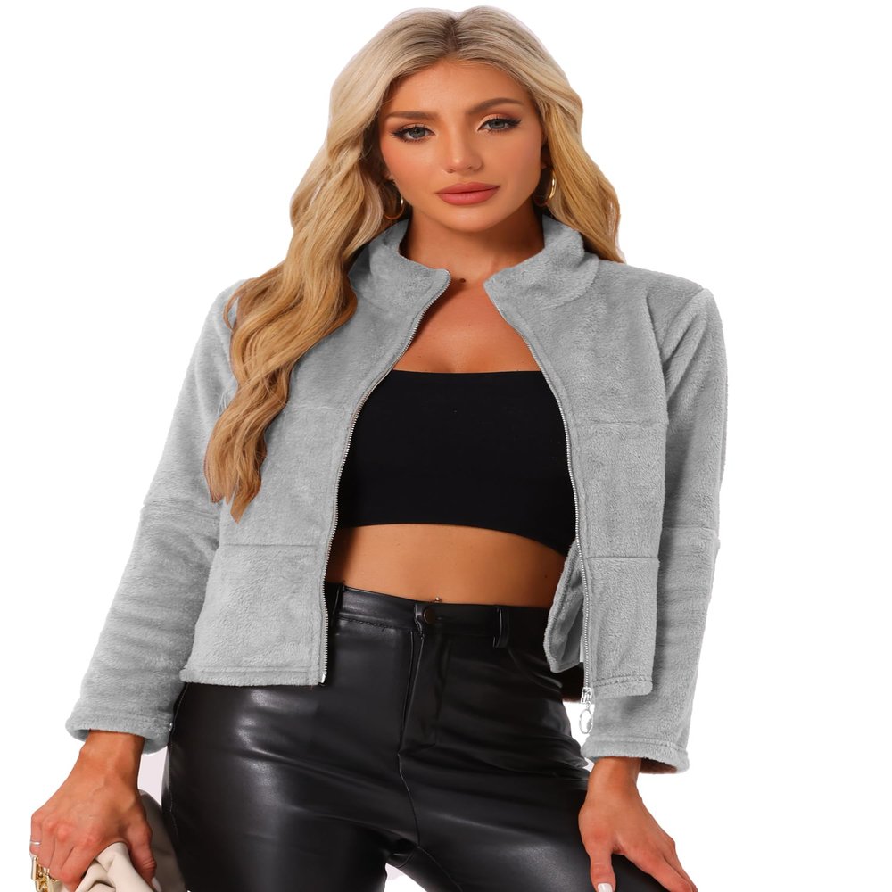Allegra K Cropped Fleece Jacket for Women's Zip Up Faux Fur Jacket Small Grey