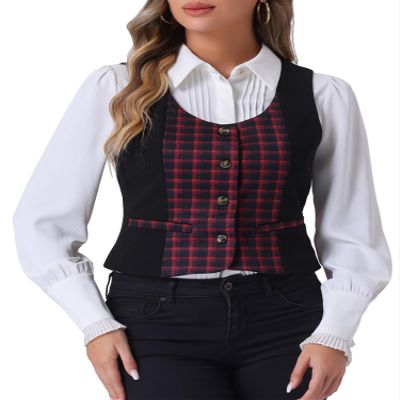 Allegra K Vintage Waistcoat Vest for Women's Plaid Button Down Work Dressy Vests Large Red