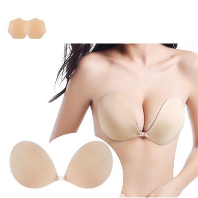 Adhesive Bra Sticky Bra Reusable Strapless Invisible Push up for Women Backless Dress with Nipple Covers Pasties Beige
